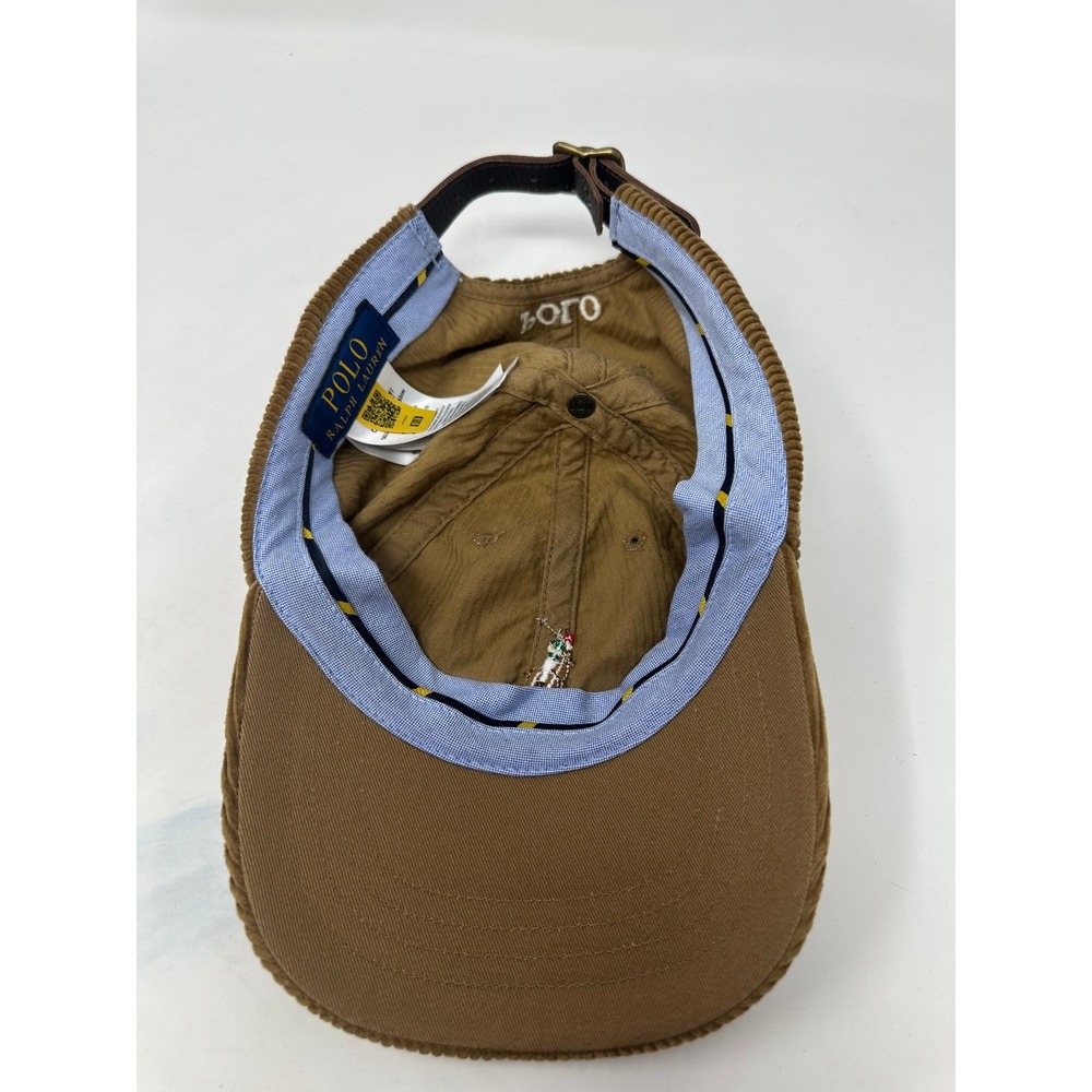 Polo Ralph Lauren Tan Brown Corduroy Baseball Cap Leather Strap Hat Mens - Picture 9 of 12